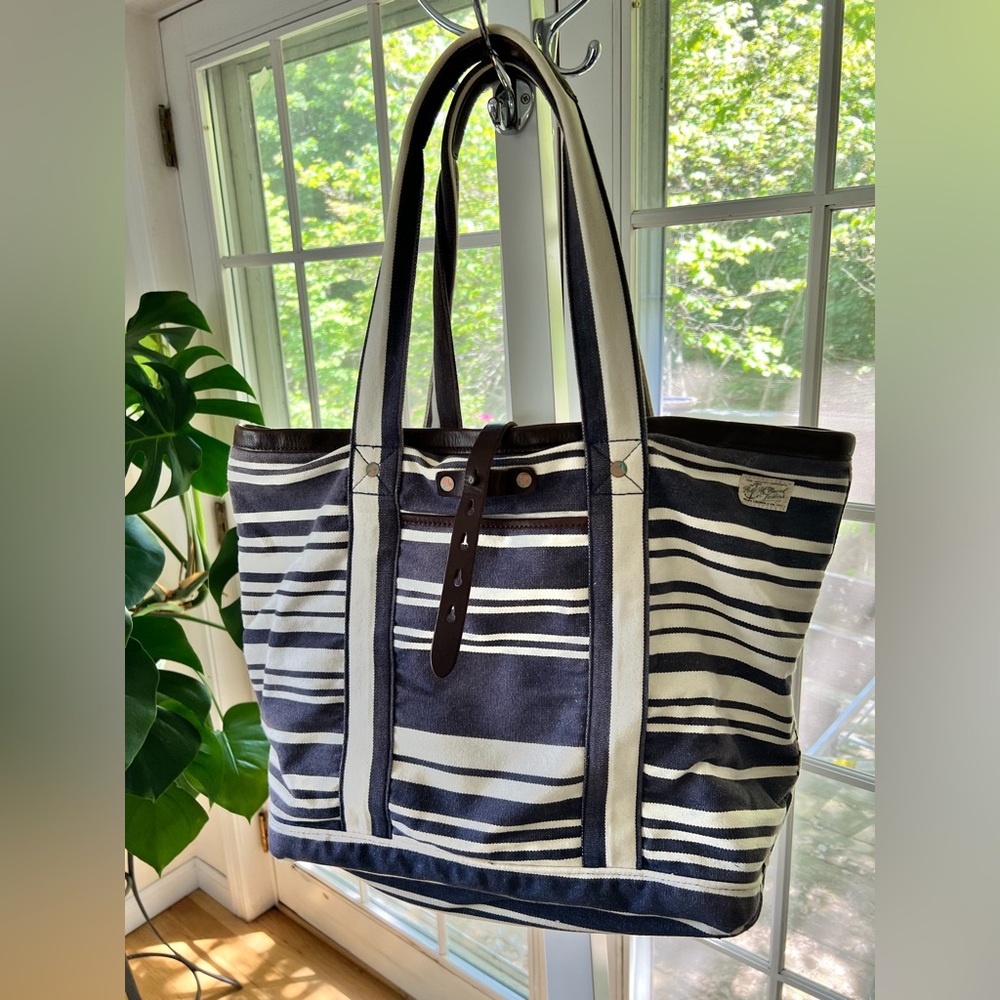 NWOT Ralph Lauren Naval Tailors Navy White Stripe Cotton Canvas & Leather Tote